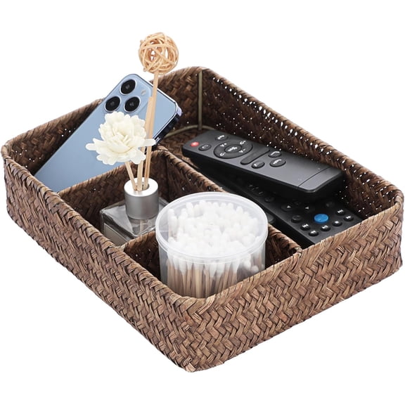 TYFRW-Desk Drawer Organizer Tray, Coffee Station Organizer Tea Bag Organizer, Woven Seagrass Storage Basket with 4 Divided Sections Handwoven Wicker Basket for Shelves, Pantry, Coffee Bar (Coffee)