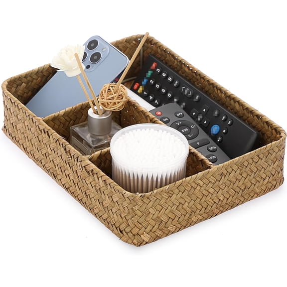 TYFRW-Desk Drawer Organizer Tray, Coffee Station Organizer Tea Bag Organizer, Woven Seagrass Storage Basket with 4 Divided Sections Handwoven Wicker Storage Basket for Shelves, Pantry, Coffee Bar