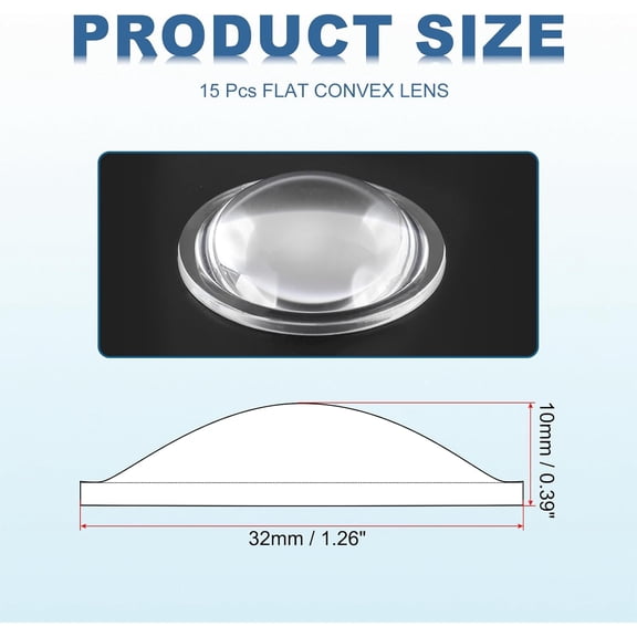 TYFRW-Diameter 32mm Flat Convex Lens, 15 Pcs Height 10mm PMMA Acrylic LED Optical Convex Condenser Lens with Edge for Flashlight Car Bike Head Lamp Spotlight, Transparent