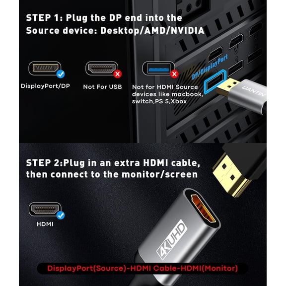 TYFRW-Display Port to HDMI 4K Adapter | Braided DP DisplayPort Male to HDMI Female Uni-Directional Converter for PC Dell HP AMD NVIDIA Laptop HDTV Monitor and Other Passive
