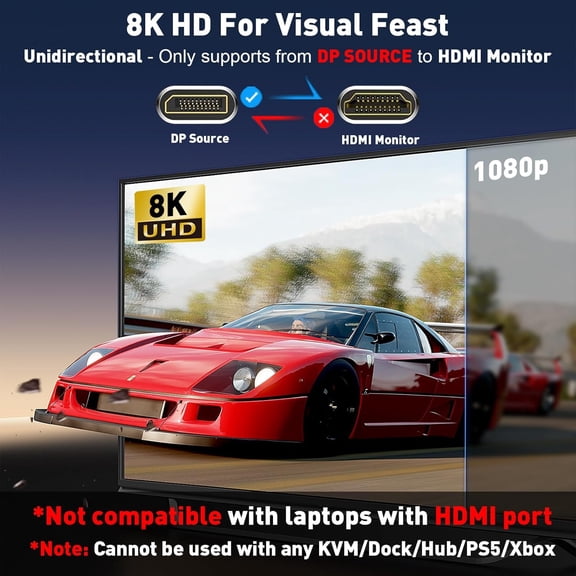 TYFRW-DisplayPort 1.4 to HDMI 2.1 Cable (8K@60Hz,4K@120Hz,2K@144Hz) Uni-Directional 6FT DP (Source) to HDMI (Monitor) Braided Cord Support HDCP2.3/HDR10/DSC for AMD, NVIDIA