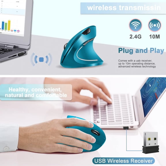 TYFRW-Ergonomic Wireless Mouse, Rechargeable Mouse 2.4Hz Vertical Wireless Optical Mice with USB Receiver, 6 Buttons for PC,Laptop,etc Blue