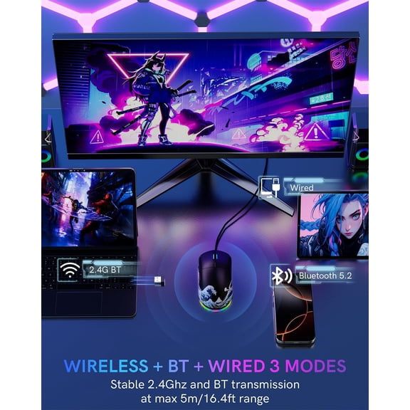 TYFRW-G57 Wireless Gaming Mouse, 8000 DPI, 80g, 2.4G/Bluetooth/USB-C Rechargeable Wireless Mouse with 5 Programmable Buttons for PC/Mac, Black