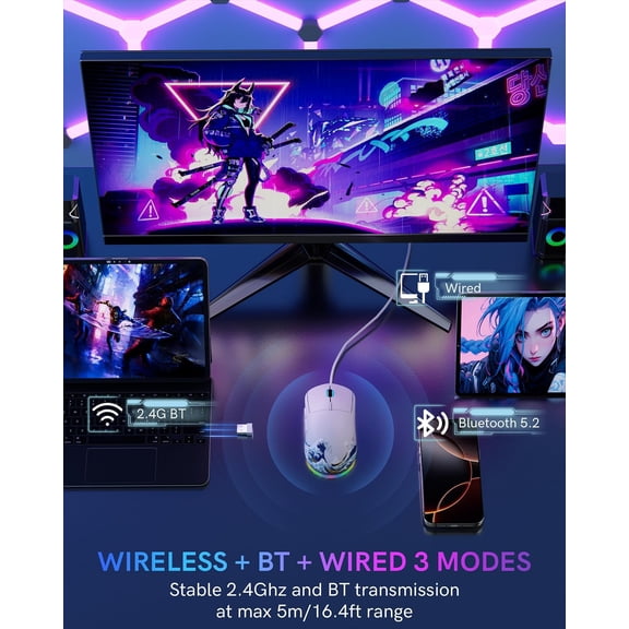 TYFRW-G57 Wireless Gaming Mouse, 8000 DPI, 80g, 2.4G/Bluetooth/USB-C Rechargeable Wireless Mouse with 5 Programmable Buttons for PC/Mac, White