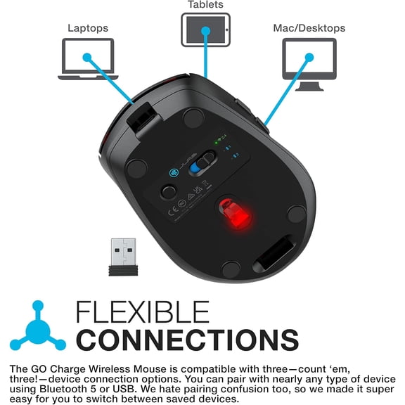 TYFRW-, GO Charge, Wireless Mouse, Bluetooth, USB Dongle, Multi-Device, Compact, Rechargeable, Black