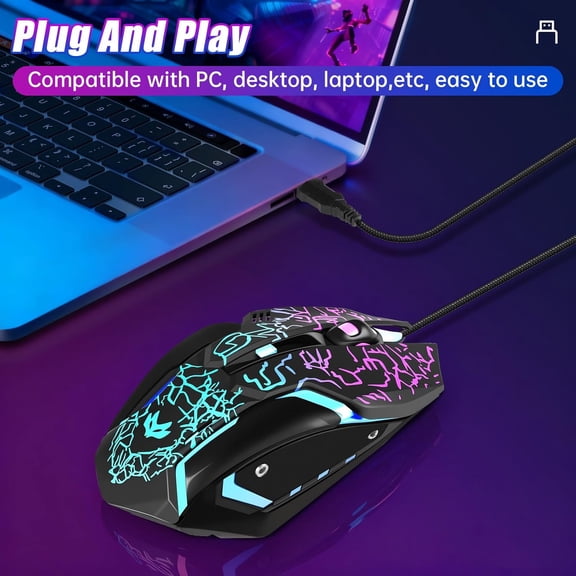 TYFRW-Gaming Mouse, 4 DPI Settings Up to 3600 DPI, Light Up RGB Ergonomic Optical Gaming Mice for Laptop/mac, Computer Wired USB Mouse, 7 Colors LED Backlight, 6 Buttons-Black