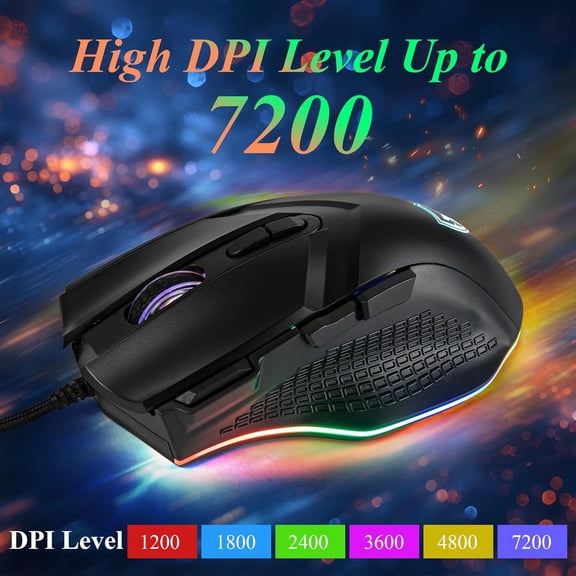 TYFRW-Gaming Mouse 6 Adjustable DPI Up to 7200 Wired PC Gaming Mouse 8 Programmable Buttons 13 Adjustable RGB LED Modes 1.5 M Drag-Free Paracord Ergonomic Mouse Windows/PC/Mac/Laptop (Black)