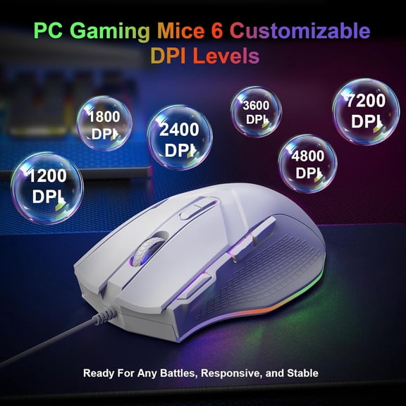 TYFRW-Gaming Mouse 6 Adjustable DPI Up to 7200 Wired PC Gaming Mouse 8 Programmable Buttons 13 Adjustable RGB LED Modes 1.5 M Drag-Free Paracord Ergonomic Mouse Windows/PC/Mac/Laptop (White)