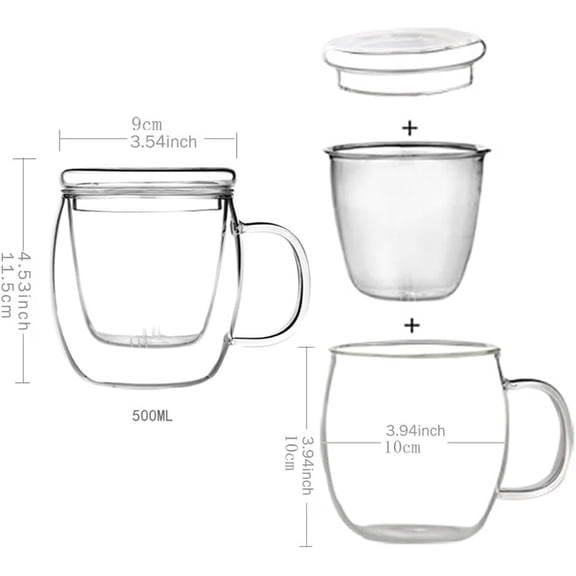 TYFRW-Glass Tea Cup with Infuser and Lid,500ml (17oz) Borosilicate Glass Tea Mugs for Loose Leaf Tea,Glass Tea Cups with Filter for Black Tea,Great Loose Tea-leaf Brewing System