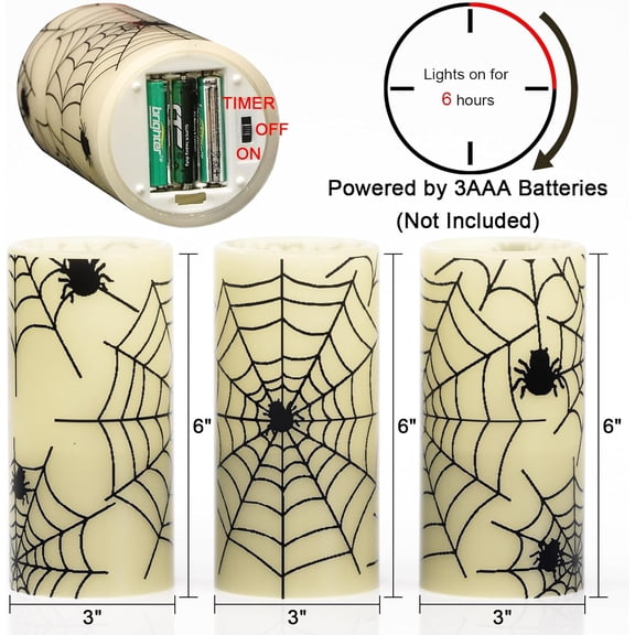 TYFRW-Halloween Flameless Candles with Timer,Battery Operated Spider Cobweb Decal Flickering Candles Real Wax LED Pillar Candle Set of 3 for Holiday Indoor Home Spooky Decor(36 Inches)