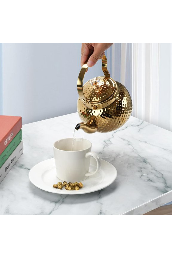 -Hammered Tea Kettle, Stainless Steel Tea/Coffee Pot Loose Leaf Teapot for Tea, Milk, Coffee, 1.2L Teapot with Strainer Stovetop Tea Kettle, Outdoor Travel Supplies, Gift For Tea (Gold)