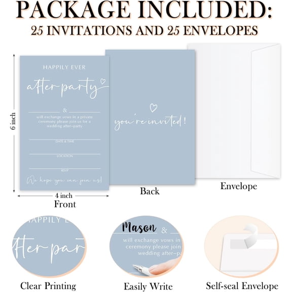 TYFRW-Happily Ever After Party Invitation Minimalist Blue Wedding Invitation, 25 Wedding Invitations with Envelopes for Mr And Mrs Newlywed, Fill-In Style Invitation Cards for Engagement Reception Pa