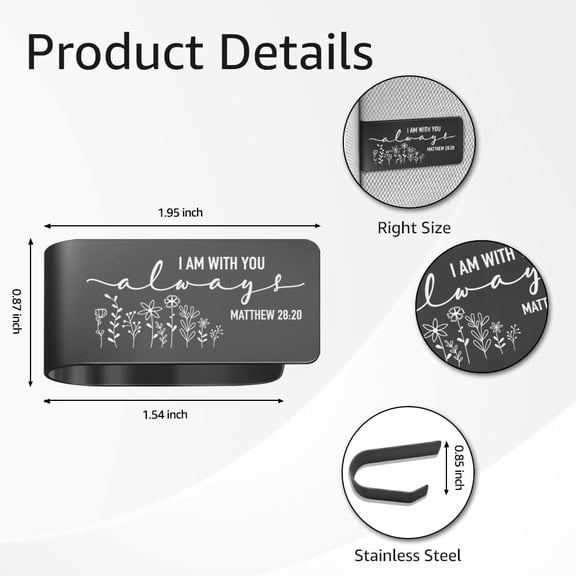 TYFRW-I Am with You Always Black Stainless Steel Car Visor Clip, Matthew 28:20 Sign Sun Visor Clip, Safe Driving Religious Gifts for New Drivers Friends Family Religious Lovers, Sweet 16 Gifts