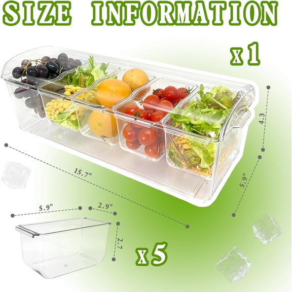TYFRW-Ice Chilled Condiment Server, 5 Removable Compartments Condiment Containers with Lids Drain Plug, Clear Garnish Tray Serving Platter Holder for Caddy Fruit Snack Sauce Taco Salad Bar Supplies