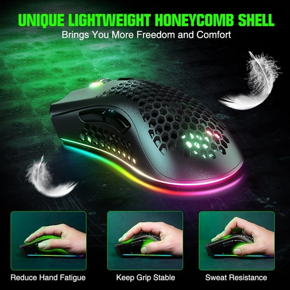 TYFRW-KM-1 Gaming Mouse, Wireless Mouse Gaming Computer Mice USB with Honeycomb Shell, 6 Programmed Buttons, 3 Adjustable DPI, Ergonomic RGB Optical Mouse for PC Mac Laptop