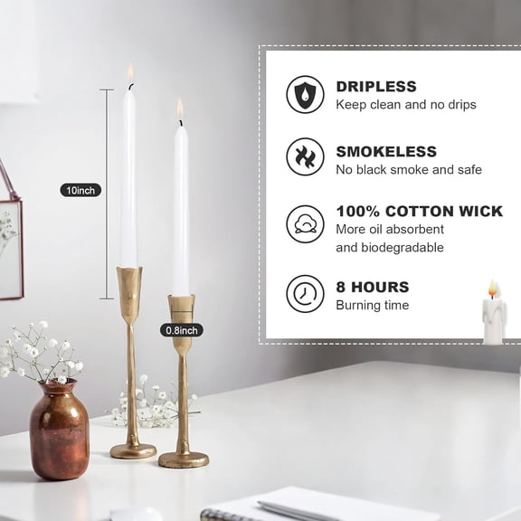 TYFRW-Ksefey 10 Inch White Taper Candles Set of 6 - Dripless,Unscented,8 Hours Burn Time-Perfect for Wedding,Dinner,Party and Home Decor