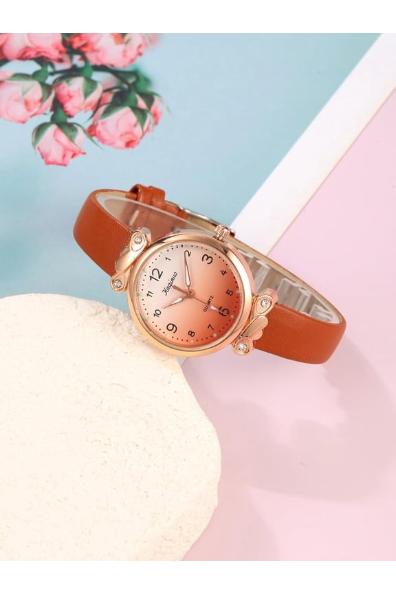 -Ladies Watch Leather Strap Cute Arabic Numerals Easy Read Watch Color Gradient Zircon Dress Watches for Women Small Wrists