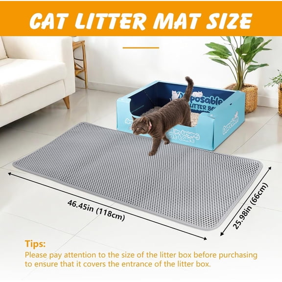 TYFRW-Large Cat Litter Mat, 46x26 Inch Double Layer Litters Box Mat, Waterproof Cat Mat for Litter Box(Gray)