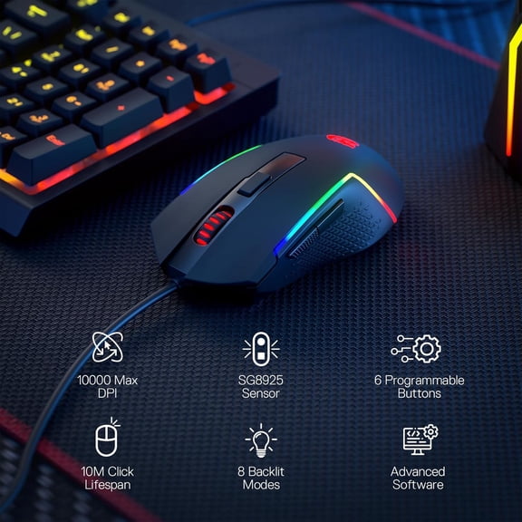 TYFRW-M616 RGB Gaming Mouse, 10000 DPI Wired Optical Mouse with 6 Programmable Buttons & 8 Backlit Modes, Software Supports DIY Keybinds