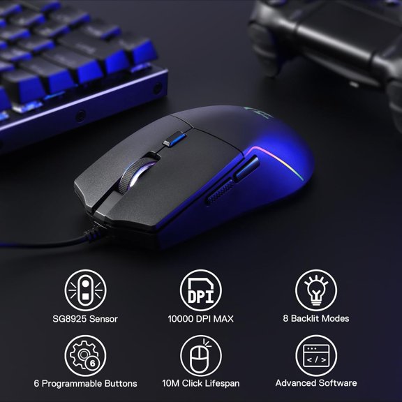 TYFRW-M730 Wired RGB Gaming Mouse, 10000 DPI Lightweight Optical Mouse with 6 Programmable Buttons, Software Supports DIY Keybinds for PC Computer Windows Mac Laptop, Black