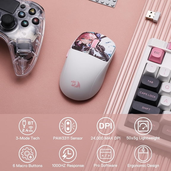 TYFRW-M817 PRO Wireless Gaming Mouse, 24000 DPI Optical Mini Mice with 6 Programmable Buttons & Ergonomic Design, 50G Ultra Lightweight, Software Supports DIY Keybinds, Suitable for Small Hands