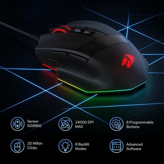 TYFRW-M923 Wired RGB Gaming Mouse, Optical Ergonomic Mouse with Max 24,000DPI, High Precision Sensor SG8960, 8 Macro Buttons, Software Supported