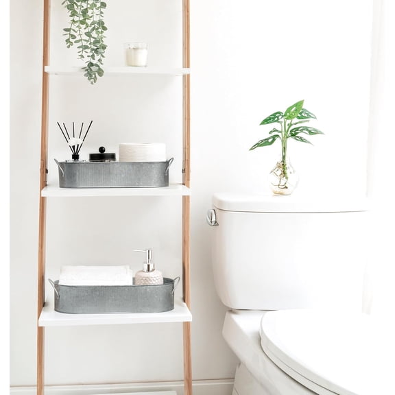 TYFRW-Metal Storage Basket for Toilet Tank Top Bathroom Decor, Galvanized Tray with Handle for Shelves, Farmhouse Toilet Paper Holder Organizing Bin Box for Countertop Living Room, Set of 2, Silver