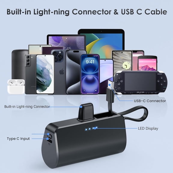 TYFRW-Mini Portable Charger for iPhone with Built-in Type-C Cable, 5200mAh Ultra-Compact Power Bank, PD 20W Fast Charging Battery Pack Phone Charger for iPhone 16/15/14/13/12, Samsung, Google, Androi