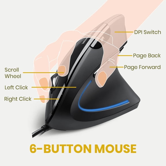 TYFRW-PERIMICE-513 Wired Ergonomic Vertical Mouse - 6 Buttons with 1000/1600/3200/6400 DPI - Right-Handed Design - Wired USB 5.9ft Cable - Black