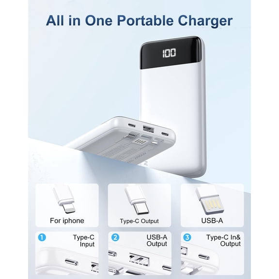 TYFRW-Portable Charger with Built-in Cables 10000mAh Power Bank with Cords, Slim Battery Pack with LED Display, Travel Essential Portable Charger for iPhone 17/16/15/14 Series, Android Samsung Google