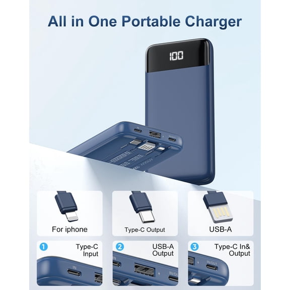 TYFRW-Portable Charger with Built-in Cables 10000mAh Power Bank with Cords, Slim Battery Pack with LED Display, Travel Essential Portable Charger for iPhone 17/16/15/14 Series, Android Samsung Google