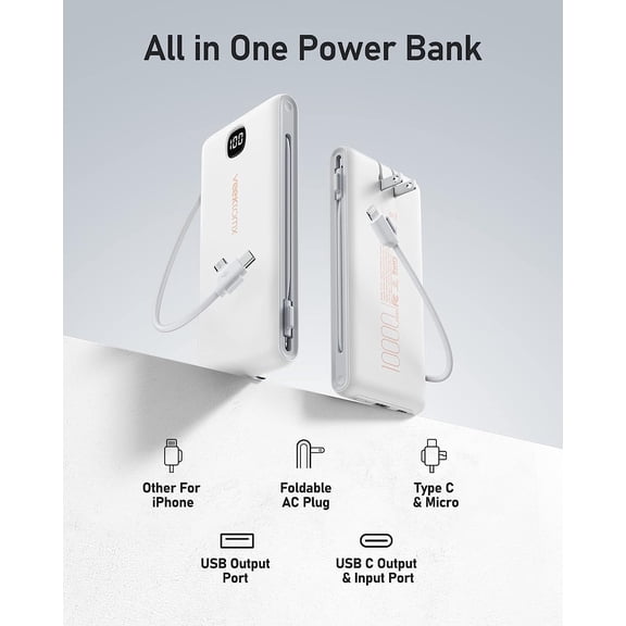 TYFRW-Portable Charger for iPhone Built in Cables and Wall Plug 10000mAh, Power Bank for Phone, USB C Slim Battery Pack with LED Display Compatible with iPhone 17/16/15/14, Samsung