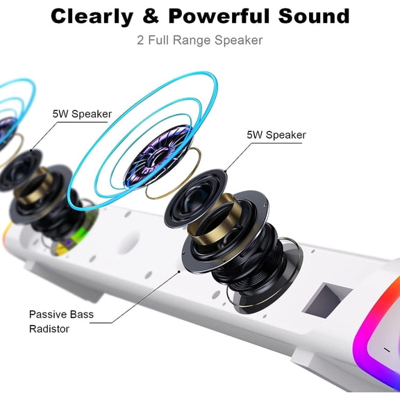 TYFRW-R30 Plus Bluetooth Computer Speakers, All-in-One Control Button with 6 Modes LED Lights PC Speaker, Wired USB Powered Surround Soundbar for Desktop Monitor Laptop White