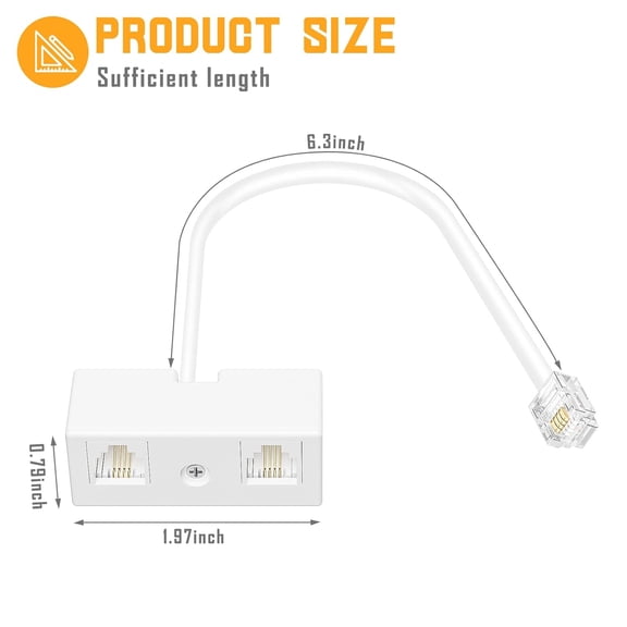 TYFRW-RJ11 Duplex Wall Jack Adapter Dual Phone Line Splitter, Two Way Telephone Splitters, Male to 2 Female Converter Cable, RJ11 6P4C Telephone Wall Separator for Landline, White, Wired (2 Pack)