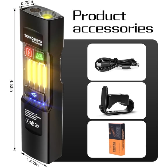 TYFRW-Rechargeable Flat Flashlight 680 Lumens | Red & RGB Emergency Strobe | Magnetic, Clip-on, Built-in Ruler & Bike Mount | Water-Resistant EDC for Car Repair, Camping & Emergency