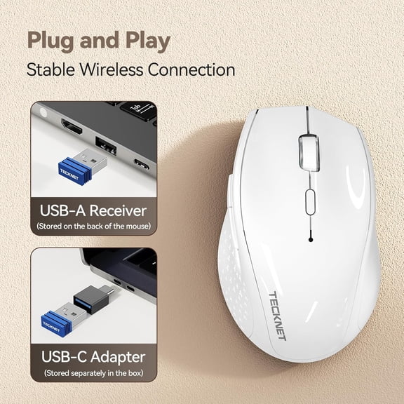 TYFRW-Rechargeable Mouse with Jiggler, Plug & Play, 2.4G Connection with USB-C Adapter, Silent Mouse Quiet Click, 6400 DPI Ergonomic Mouse, Cordless Computer Mice for Laptop, Desktop, PC