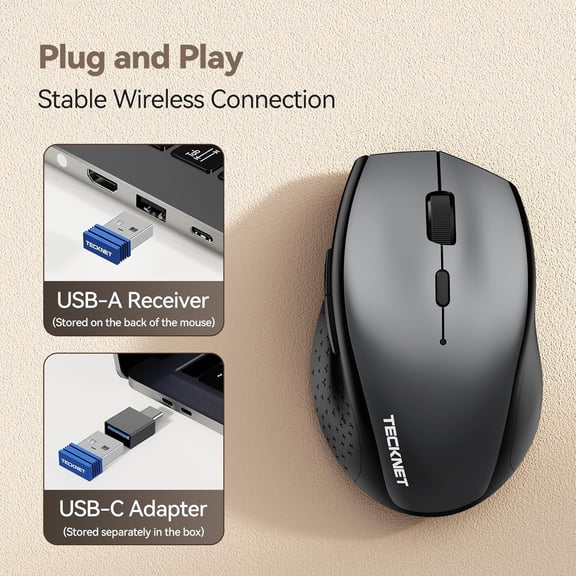 TYFRW-Rechargeable Mouse with Jiggler, Plug & Play, 2.4G Connection with USB-C Adapter, Silent Mouse Quiet Click, 6400 DPI Ergonomic Mouse, Cordless Computer Mice for Laptop, Desktop, PC