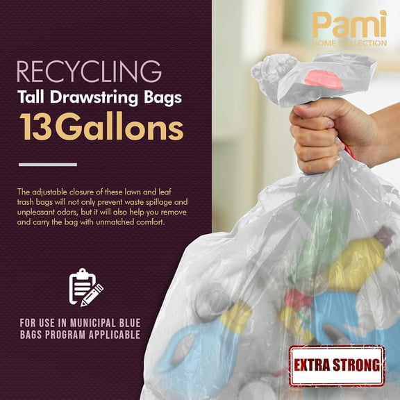 TYFRW-Recycling Tall Kitchen Drawstring Trash Bags- Extra-Strong Plastic Garbage Bags- Thick Trash Can Liners For Kitchen & Outdoor Bins- 2ft x2ft Unscented Trash Bags (13 Gallon 60 Count Clear)