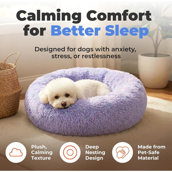 TYFRW-Round Calming Dog Bed for Small, Medium & Large Dogs, Plush Donut Cuddler Pet Bed w/Raised Rim for Head, Neck Support, Anti-Slip Bottom Washable Bed - Lavender, 20 x 20 x 6