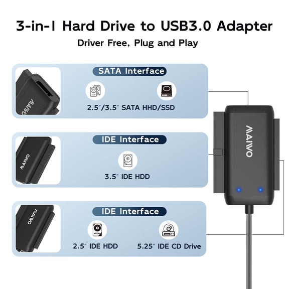 TYFRW-SATA IDE to USB 3.0 Adapter Cable, Hard Drive Reader Converter for 2.5/3.5 Inch IDE HDD, 2.5/3.5 Inch SATA HDD/SSD, 5.25 Inch DVD/CD Drive, 12V 2A Power Adapter