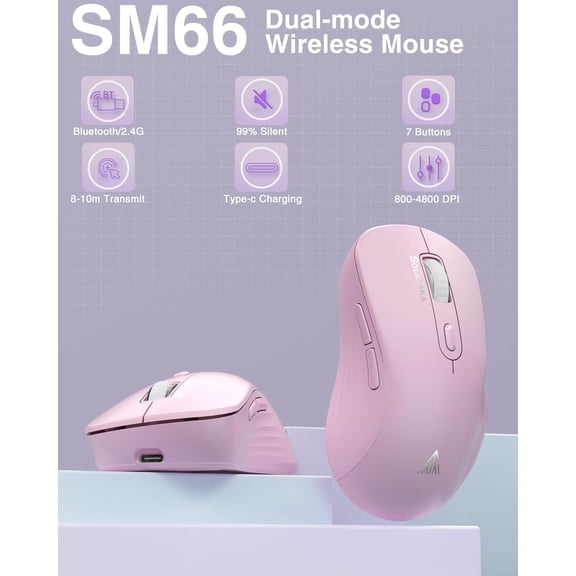 TYFRW-SM66 Pink Silent Dual Mode 2.4GHz Wireless Mouse, Adjustable 4200 DPI,Rechargeable Wireless Computer Mouse for PC Mac Laptop, Desktop