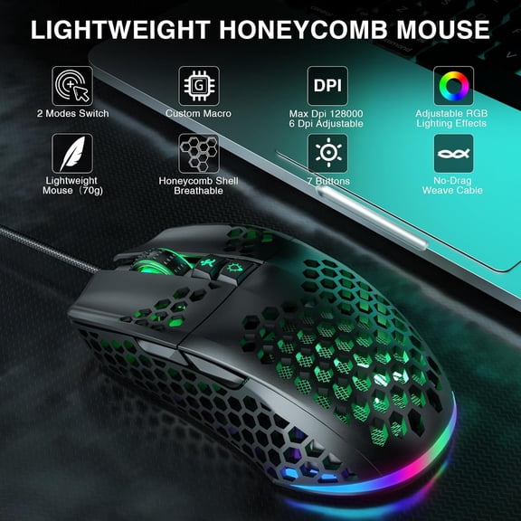 TYFRW-SM900 Gaming Mouse Wired with RGB,Honeycomb Shell,12800 DPI Wired Gaming Mouse with Buttons,Computer Mouse for Laptop/PC,Black