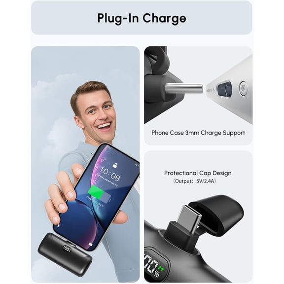 TYFRW-Small USB C Power Bank with Foldable Stand for iPhone 17/Samsung Galaxy S25, Palm-Sized Portable Charger External Battery Charger for Andoid, 5000mah Battery Pack with Digital Display-Black