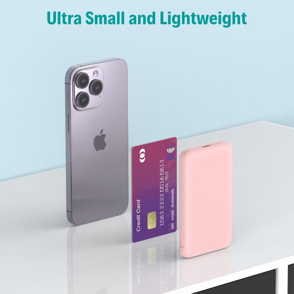 TYFRW-Smallest Portable Charger with Built-in Cables 5000mAh,Ultra Slim Power Bank,Mini High Speed External Battery Packs,Lightweight USB C Phone Charger for iPhone Samsung Google Android (Pink)