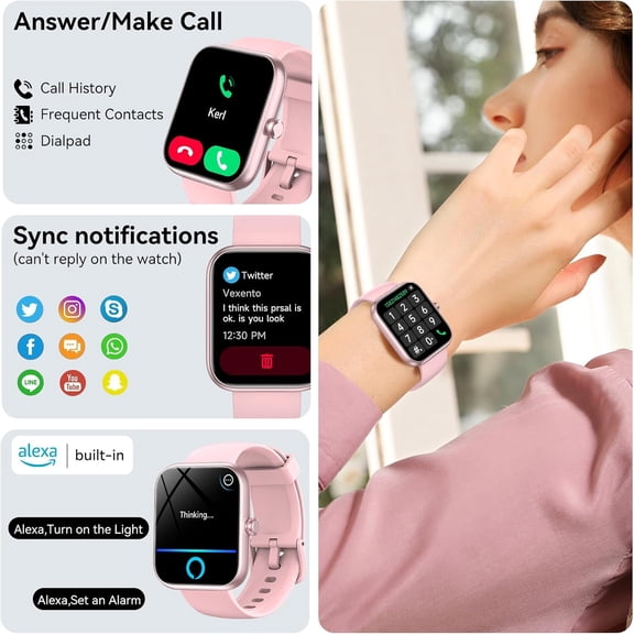 TYFRW-Smart Watch with Alexa Built-in, 1.83" HD Health Fitness Tracker, Bluetooth Calls/Notifications, 120+ Sports Modes, 24/7 Heart Rate/Sleep Tracking, IP68 Waterproof for iPhone and Android (Pink