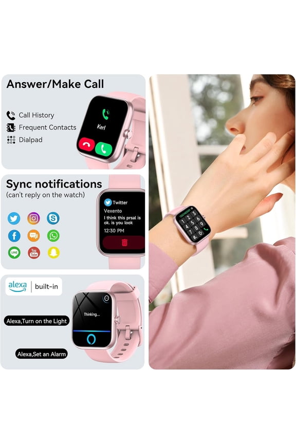 -Smart Watch with Alexa Built-in, 1.83" HD Health Fitness Tracker, Bluetooth Calls/Notifications, 120+ Sports Modes, 24/7 Heart Rate/Sleep Tracking, IP68 Waterproof for iPhone and Android (Pink