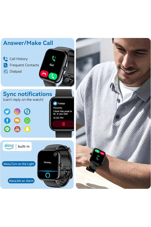-Smart Watch with Alexa Built-in, 1.83" HD Health Fitness Tracker, Bluetooth Calls/Notifications, 120+ Sports Modes, 24/7 Heart Rate/Sleep Tracking, IP68 Waterproof for iPhone and Android (Blac
