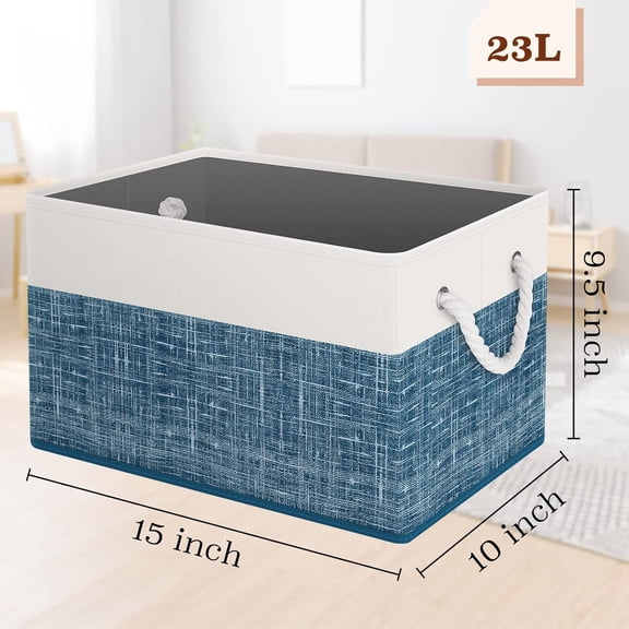 TYFRW-Storage Bin,Collapsible Storage Basket For Organizing,Large Storage Boxes With Rope Handles,Storage Containers,White & Blue,3 Pack