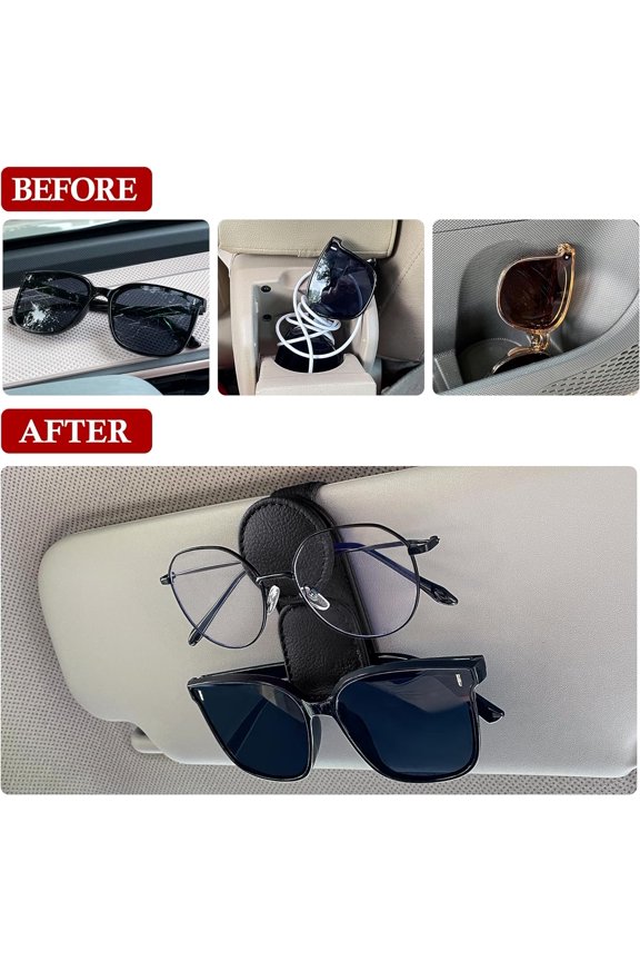 -Sunglasses Holder for Car Visor, Magnetic Leather Sunglass Eyeglass Hanger Clip for Car Sun Visor Accessories (1, Black)