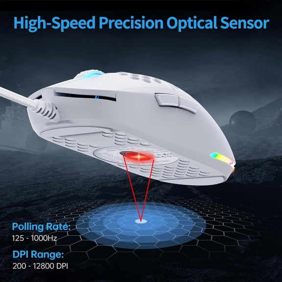 TYFRW-TMKB Falcon M1SE Ultralight Honeycomb Gaming Mouse, High-Precision 12800DPI Optical Sensor, 6 Programmable Buttons, Customizable RGB, Drag-Free Paracord, Ergonomic, Wired - Matte White